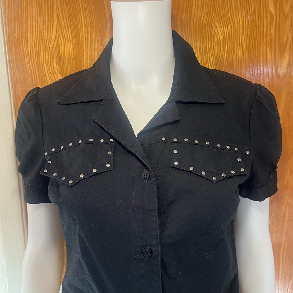 Guess Black Embellished Button Down Shirt Notched Collar